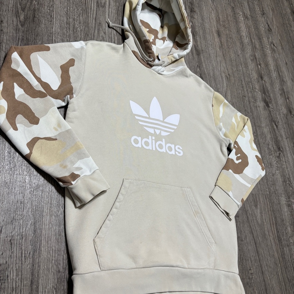 Adidas Originals Trefoil Hoodie Desert Camo Sleeve Pullover Tan Men’s M - Picture 2 of 8